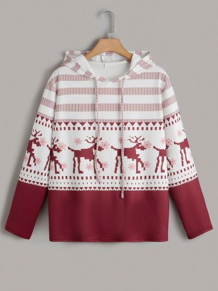 

plus christmas print drawstring hoodie f1ab#, Black