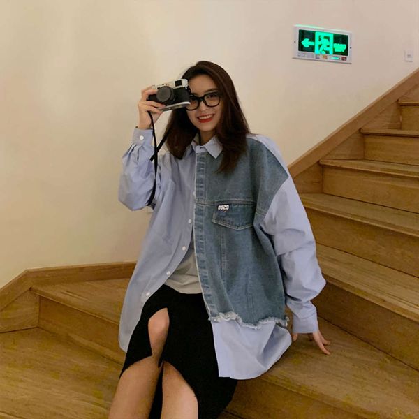 

fangshiqi autumn trend denim dign splicing women's casual personality handsome long sleeve shirt, White