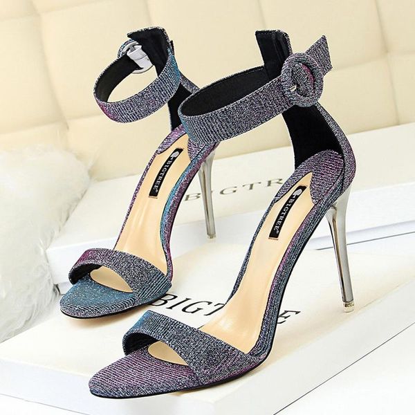 

2021 summer fashion women 9.5cm extreme high heels nightclub sandals bling peep toe sequin sandals blue buckle strap lady shoes, Black