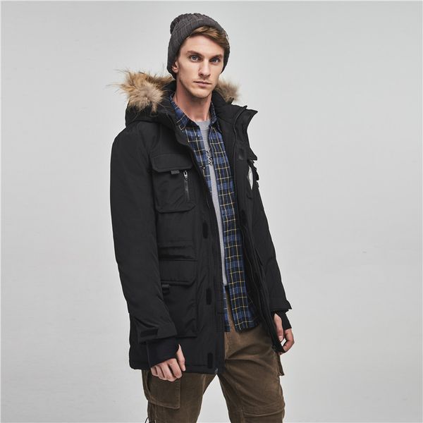 

men's winter parka plus size fur collar warm coat with many pockets sports jacket outdoors, Black