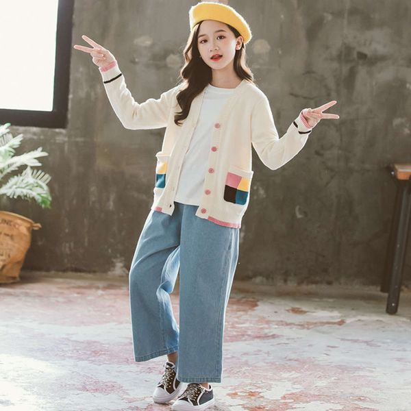 

girls' warm sweater children's knitted clothing cardigan coat autumn winter 2020 new jeans suit fashion gdf3, Blue