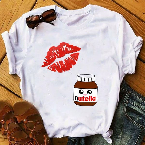 

red lips nutella aesthetic t shirt women funny print tumblr casual white tee summer fashion graphic grunge women clothes