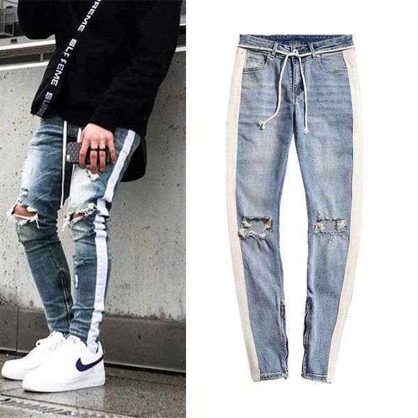

new high street white with big damage to the knee, worn-out slim side zipper men's jeans, Blue