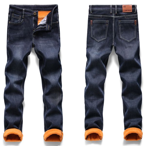

winter warm flannel stretch jeans men's winter fleece pants straight leg flocking pants jeans h1209, Blue