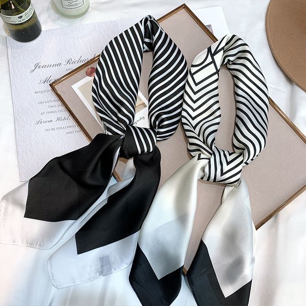 

new 2020 high-end 90 silk scarf silk imitation printing fashionable and versatile black and white stripe square scarf klwe, Black;purple