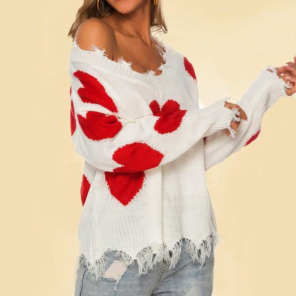 

women's sweaters women winter pullover 2021 autumn jumpers knitted fashion white burr v-neck love print sweater1, White;black