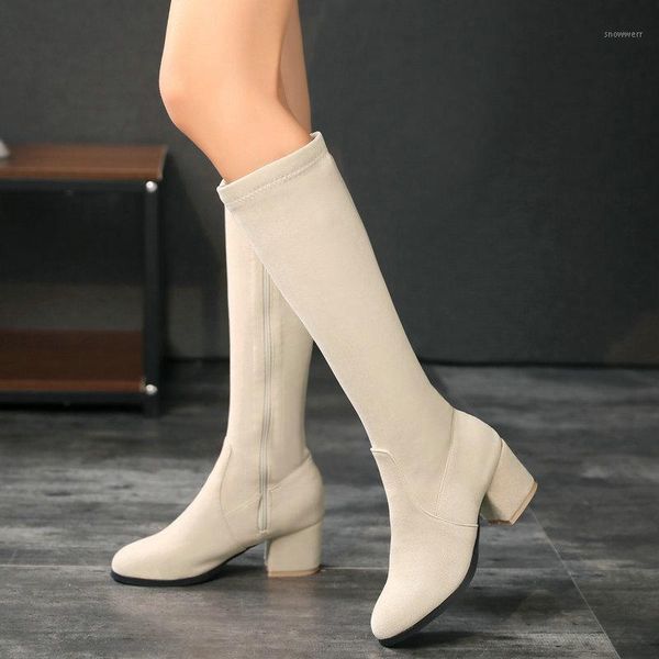 

22021 winter women shoes nubuck leather knee high boots zipper fleece warm black beige fashion square root suede large size34-431
