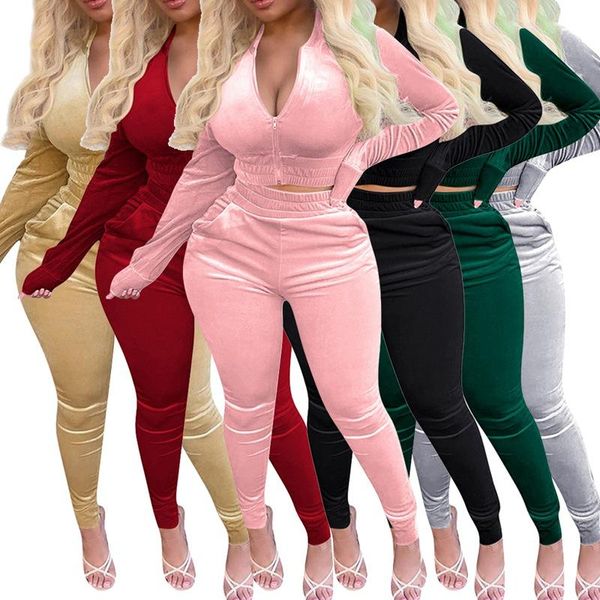 

women's tracksuits women suits solid long sleeve autumn winter crop pants sets velvet tracksuit soft female zipper sweatpants suit sexy, Gray