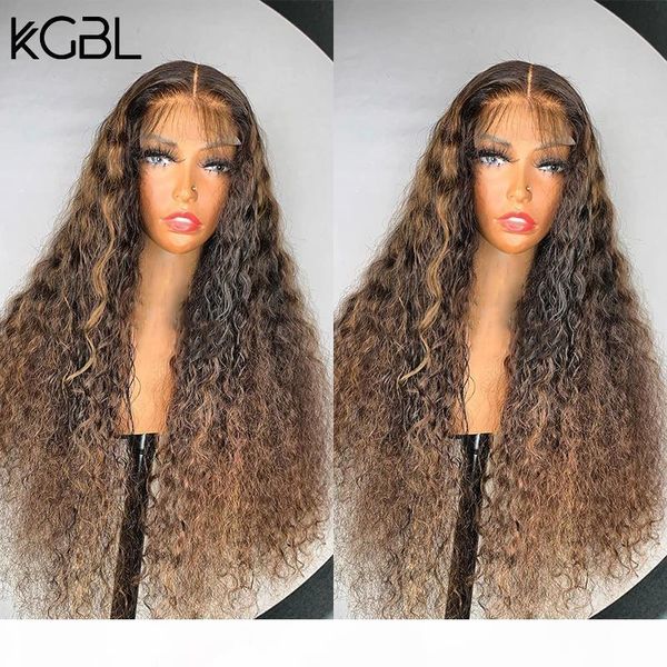 

kgbl highlight t-part curly lace front human hair wigs 150% density with baby hair brazilian 8-24'' non-remy wigs medium ratio, Black;brown