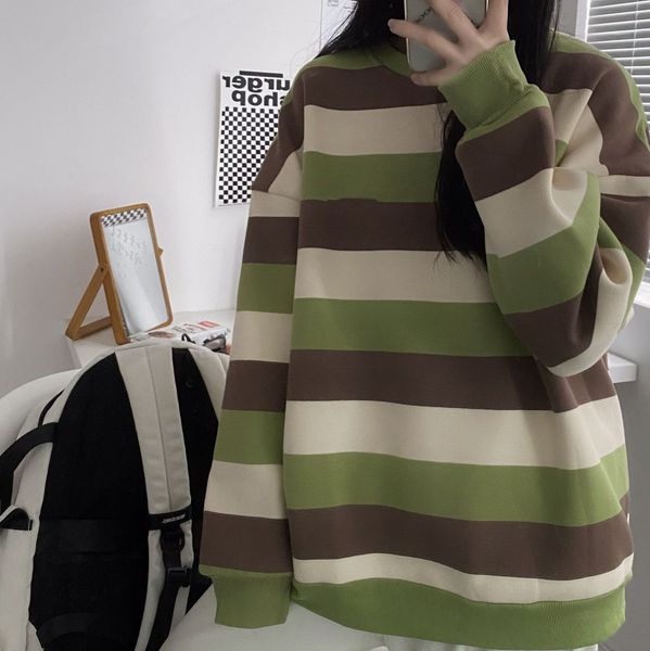 

womens swater winter new contrast color fashion streetwear pocket pure cotton women's round neck stripe sweatershirt, White;black
