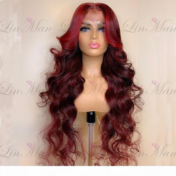 

dark red&wine red color lace front human hair wig remy brazilian body wave hair ombre lace wig for women, Black;brown
