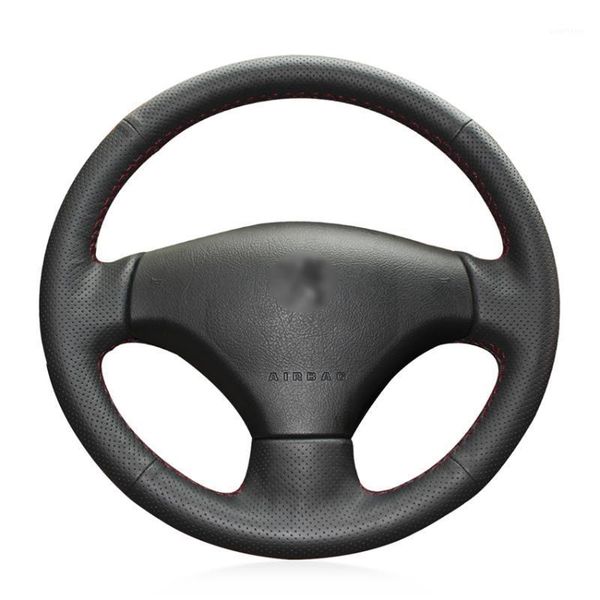 

hand sew black genuine leather car steering wheel cover for 206 2007-2009 207 c21