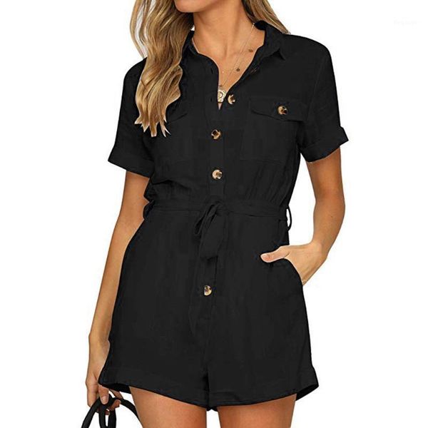 

summer playsuit shorts overalls for women fashion casual button pocket jumpsuit short sleeve plus size bodysuit with sashes1, Black;white