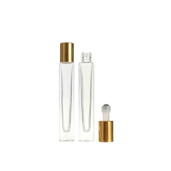 

2022 new 10ml empty pen square clear glass roll on bottle with gold cap stainless steel roller ball for essential oil perfume