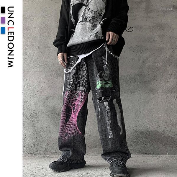 

uncledonjm graffiti distressed jeans biker jeans painted printing men denim pants hip hop harajuku -t061, Blue