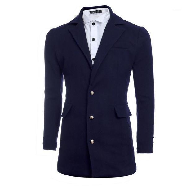 

new style 2020 winter men casual single breasted solid color fold-down collar slim fit mid-length woolen trench coat coat1, Black