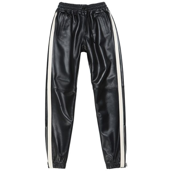 

real striped elastic seam genuine sheep women's were thin leather pants with f2158 pockets, Black;white