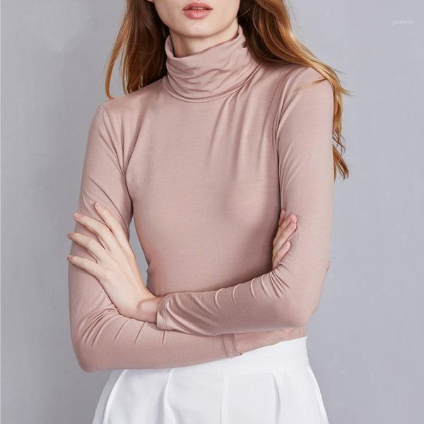 

women t-shirt 2020 elastic cotton turtleneck long sleeve slim female t shirts base t-shirts bottoming basic tees plus size1, White
