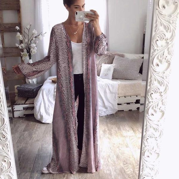 

casual womens long sleeve snake skin print chiffon cardigan boho outwear 1, White