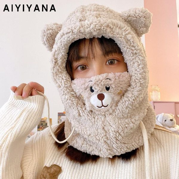 

beanie/skull caps 2021 winter women's warm thick hat cute bear plush face mask ladies outdoor ski ear protection, Blue;gray