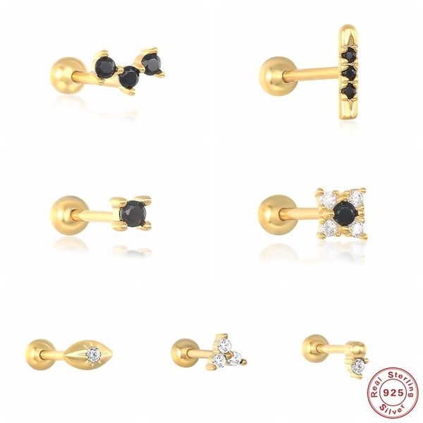 

stud 925 sterling silver piercing earring bling black zircon puncture pendientes cartilage ear bone earlobe buckle woman, Golden;silver