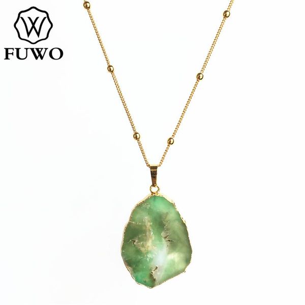 

pendant necklaces fuwo natural chrysoprase shape pendants charm necklace with gold trimmed beads brass chain for women nc251, Silver