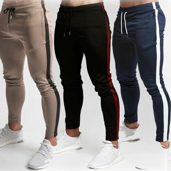

fashion mens casual slim fit sports gym pants jogger drawstring running trousers striped sweatpants1, Black