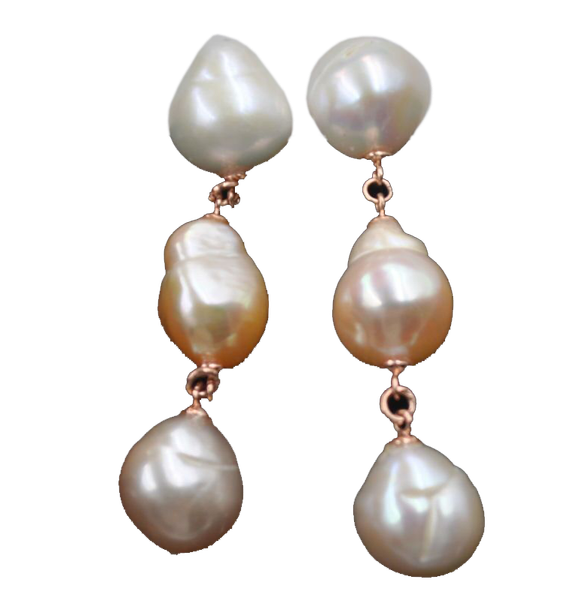 

baroque dangle 11-12mm mix (natural) real pearl earring rose golden, Silver