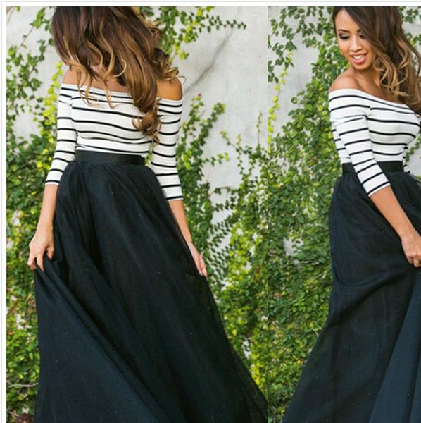 

new womens multi layer tulle pleated long skirt high waist maxi skirt striped long sleeve 2pcs set clothes, Gray