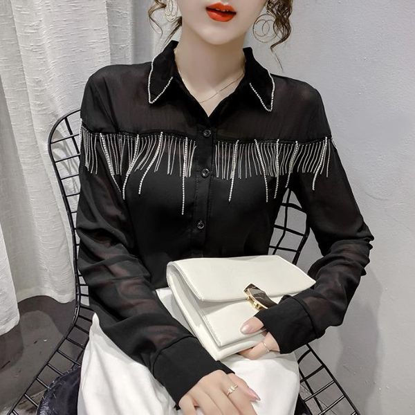 

korean early autumn new long-sleeved heavy industry diamond beading tassels chiffon shirts women blouses fashion streetwear 2021, White