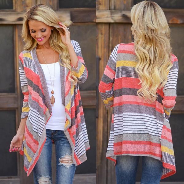 

women's jackets fashion irregular stripe shawl kimono cardigan cover up blouse, Black;brown