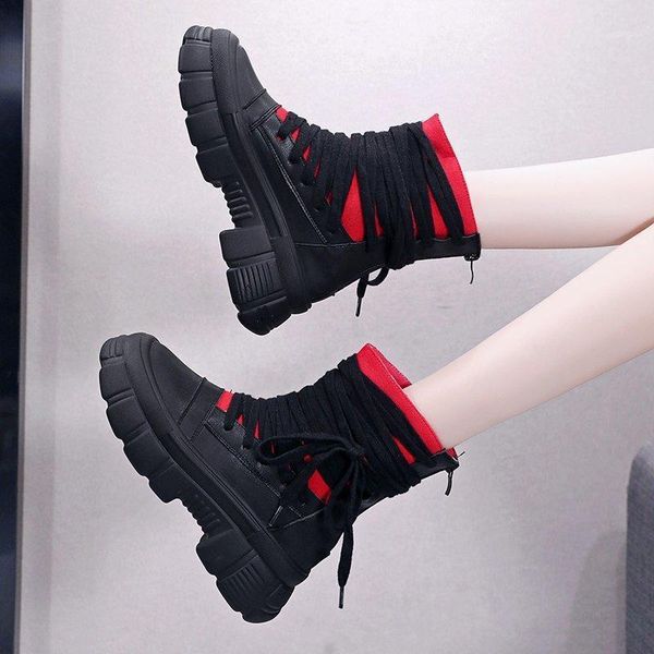 

boots 2021 winter women fashion ankle ulzzang platform thick sole shoes ladies lace up black keep warm 5cm1