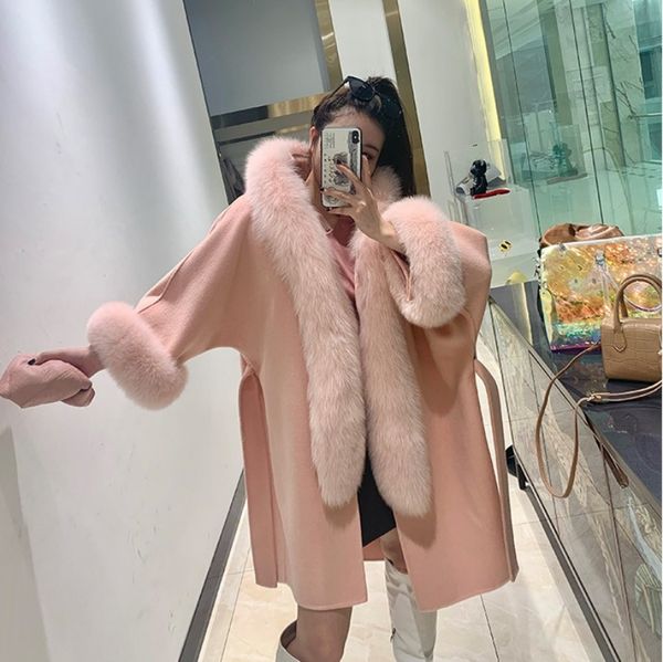 

new winter 2020 ladies royal woolen coat with fox fur collar genuine thick woollen female warm trench coats 5l2j, Black