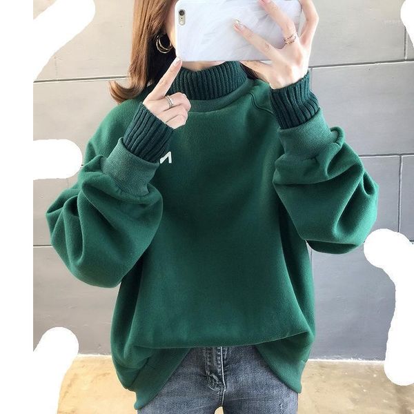 

winter high neck hoodies women thick warm solid loose turtleneck pullovers korean causal sweatshirt moletom feminino1, Black