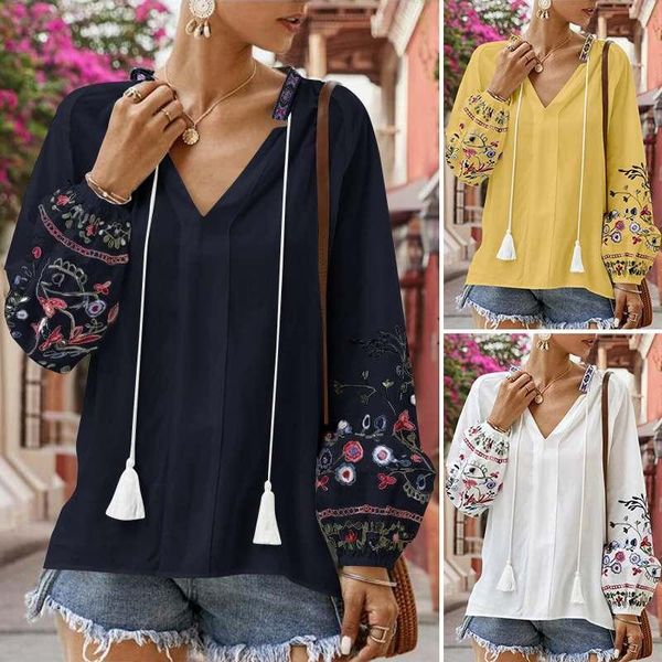 

stylish printed shirts women's autumn blouse casual floral blusas female v neck female puff sleeve tunic oversized kg-925, White