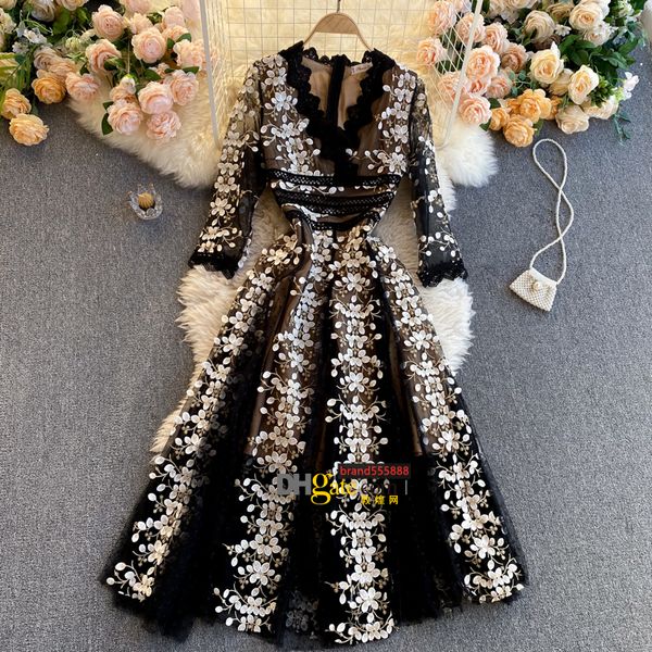 Hohe Taille A-Linie Langarm Kleid Runway Kleider Frauen Elegante Boho Vintage Frühling Herbst Luxus Party spitze stickerei