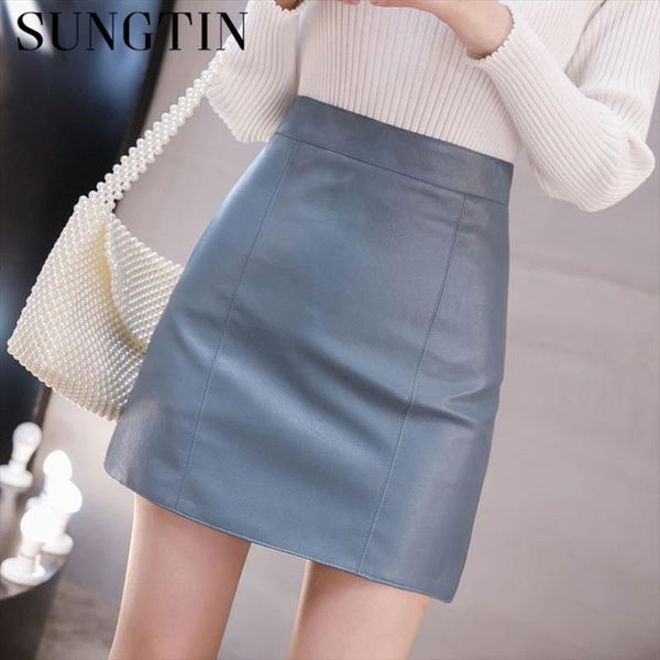 

sungtin 5 color pu мини-юбки высокая талия мода повседневная офис леди искусственная кожаная юбка женщины a линия faldas mujer gold silver, Black