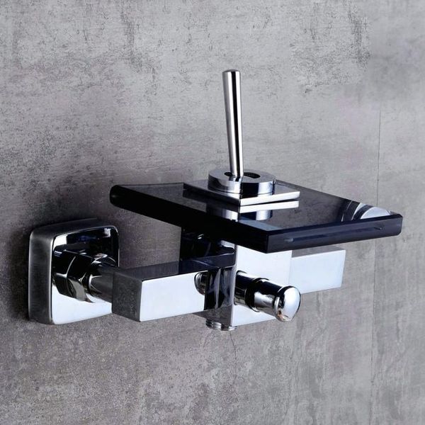 

бесплатная доставка водопад черный стекло и хромированный латунный кран настенный ванна кран одно рукоятка бассейна крана lh 8001 wmtuzh