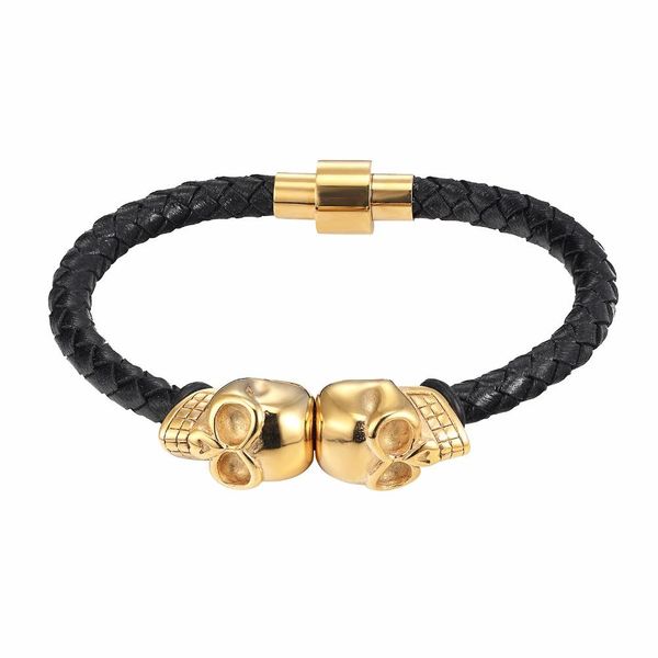 

livvy fashion jewelry 2017 punk подлинная из нержавеющей стали кожаный браслет для человека двойной череп браслет с магнитными хлошками jlll