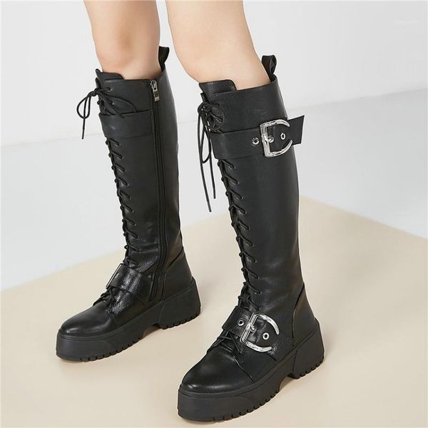 

women lace up straps genuine leather knee high boots round toe high heel platform oxfords shoes winter long sneakers1, Black