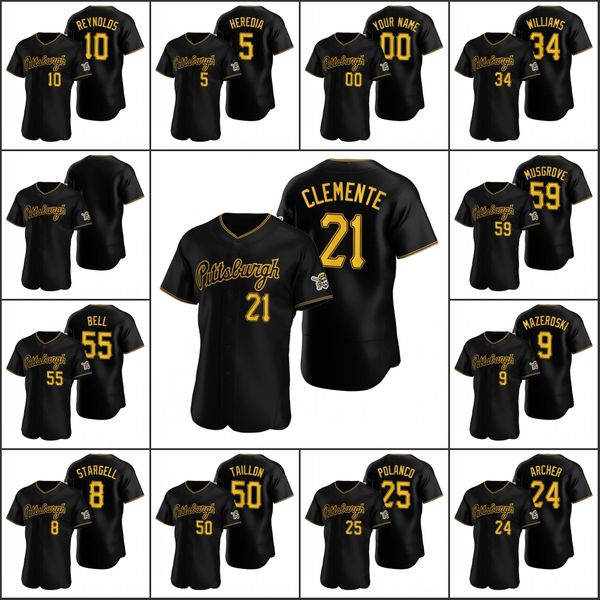 

pittsburgh pirates #21 roberto clemente 24 chris archer 8 willie stargell men women youth custom black 2020 alternate jersey