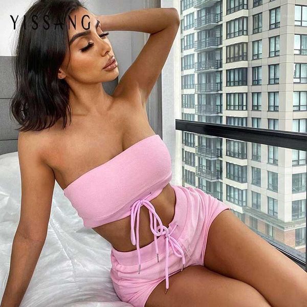 

yissang drawstring summer two piece set women strapless crop and shorts 2 piece set elastic tie casual outfits lounge1, Gray