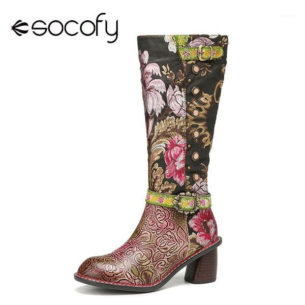 

socofy shoes elegant graceful flowers cloth splicning print leather comfy warm chunky heel mid-calf boot winter boots women 20201, Black