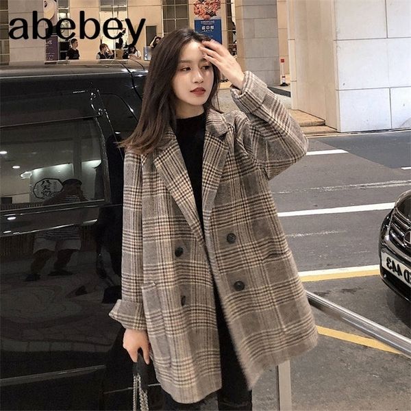 

wool blends women classic medium-long style womens plaid students korean outwear elegant vintage double breasted oversize modern 201216, Black