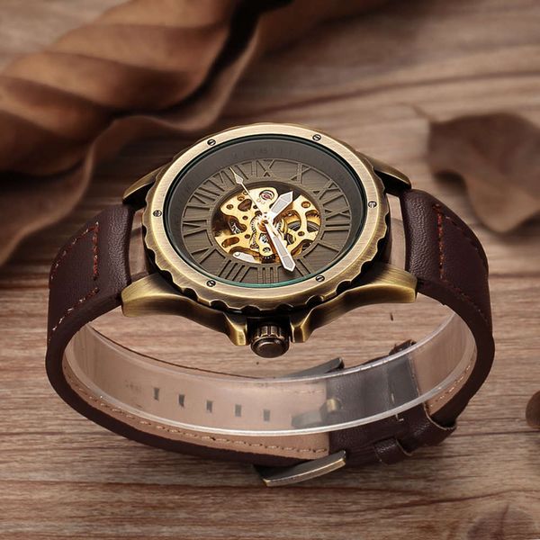 

mechanical shenhua bronze luminous embossed hollow watch swiss watch, Slivery;brown