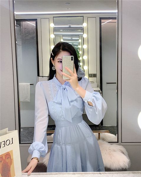 

2021 new blue autumn chiffon dressed runway woman design long sleeve casual bow high waist party high-strung female self-dress mskc, Black;gray