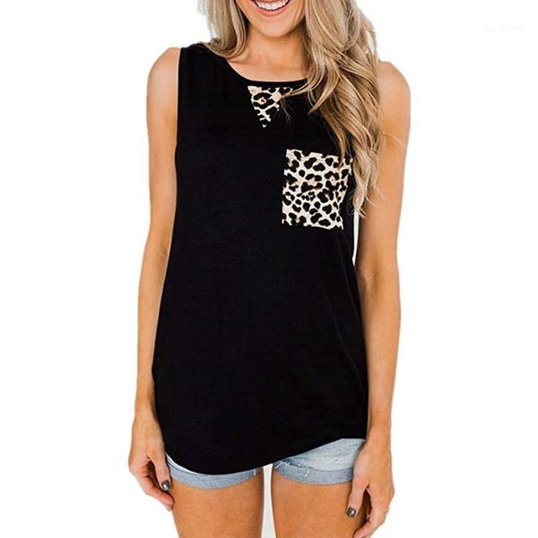 

women's t-shirt women's round neck sleeveless stitching pocket leopard vest, White