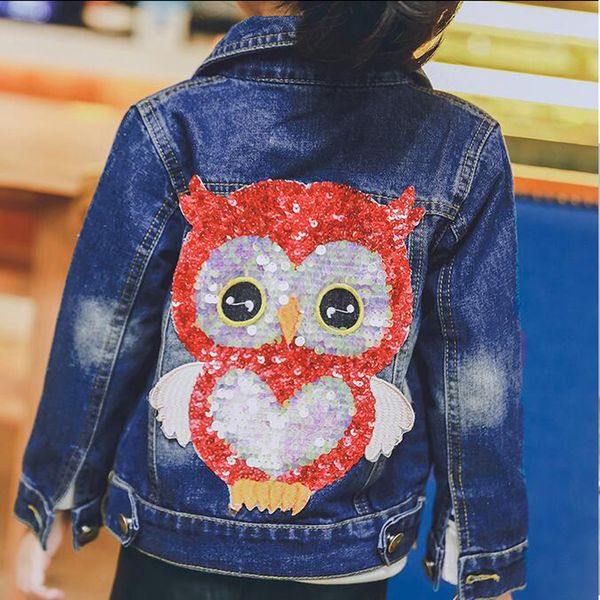 Bahar Bebek Kız Kot Mont Giyim Çocuk Giyim Çocuklar Baykuş Payetler Küçük Karikatür Kız Tasarım Çocuklar Denim Ceketler Coats LJ201125