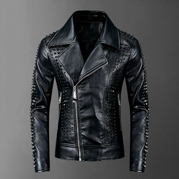 

2020 quality motor high rivet rider chaquette wedgie punk rock dj stage leather jacket er5q, Black