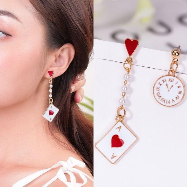 

dangle & chandelier girl fantasy clock poker cute earrings creative temperament asymmetric hypoallergenic fashion jewelry, Silver